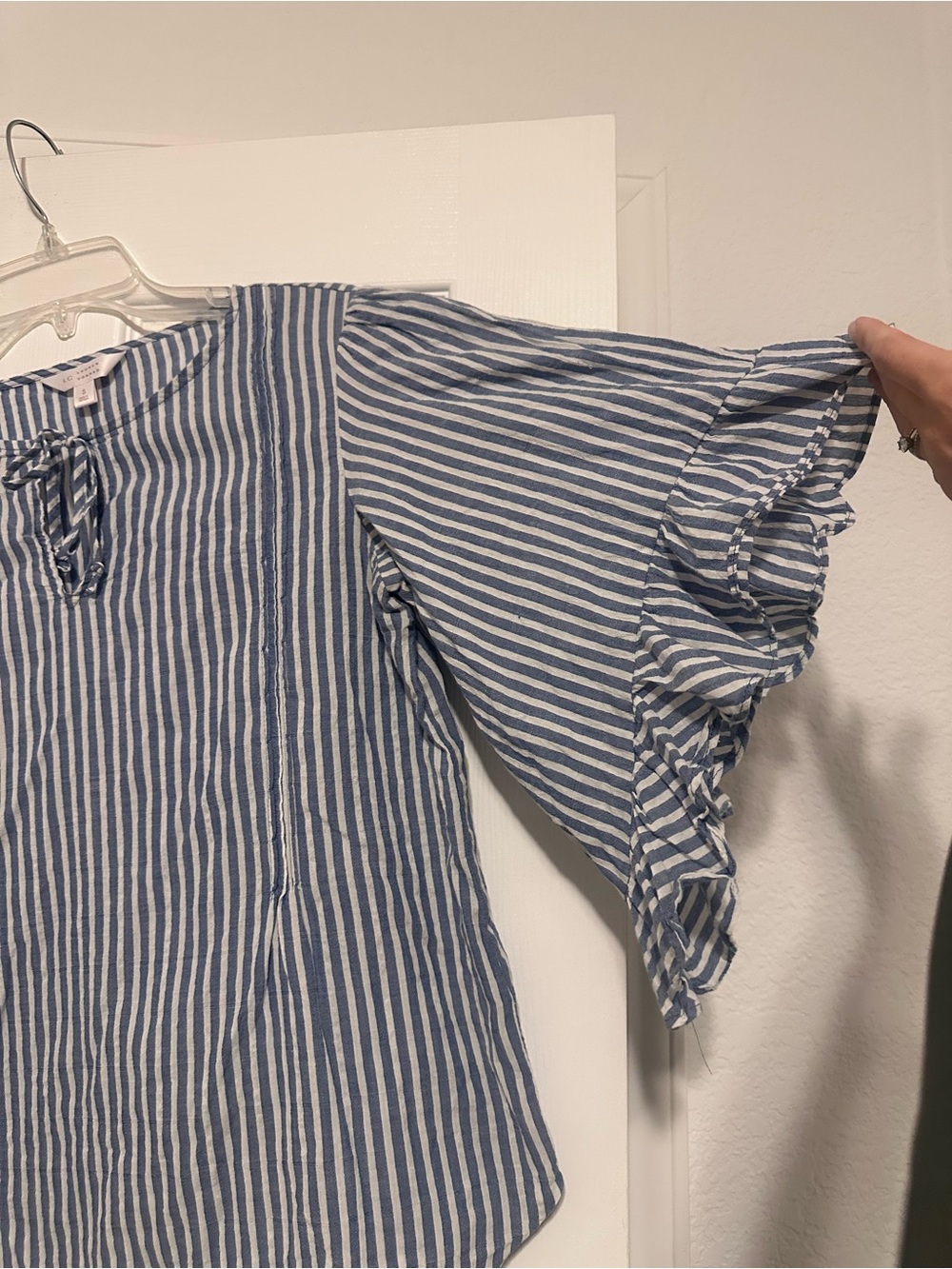 LC Lauren Conrad Blue & White Striped Ruffle Tie-Neck Blouse - Picture 3 of 6